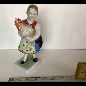 Herend Hungarian porcelain hand painted figurine, girl with rooster